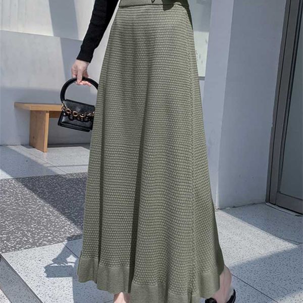 

tigena knitted maxi skirt women autumn winter korean vintage solid a line high waist long skirt female green gray black 211120