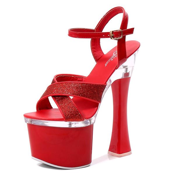 

2021 summer simplicity women 17.5cm fetish high heels waterproof sandals platform sequin sandals big size red lady shoes, Black