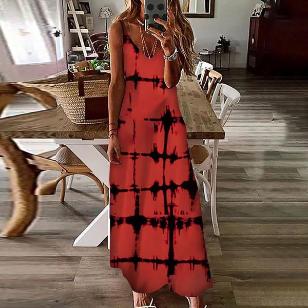 

casual dresses for women fashion tie-dyed v-neck gradient print sleeveless spaghetti maxi dress vestidos verano pull long prom, Black;gray