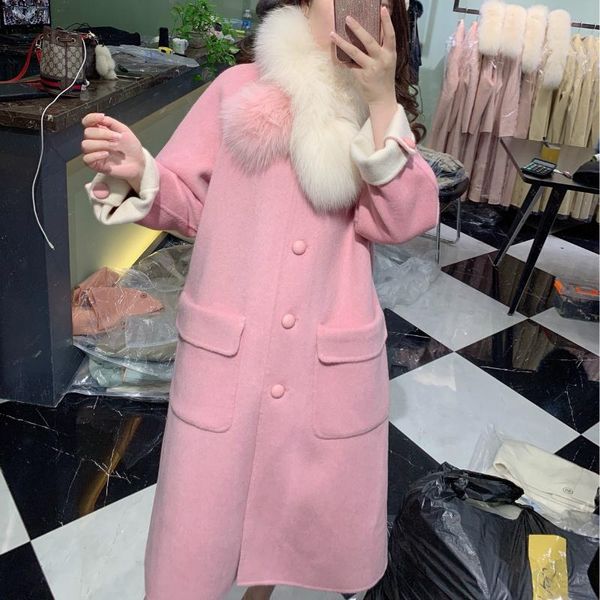 

women's fur & faux oftbuy 2021 real coat winter jacket women natural collar cashmere wool blends x-long outerwear streetwear korea, Black