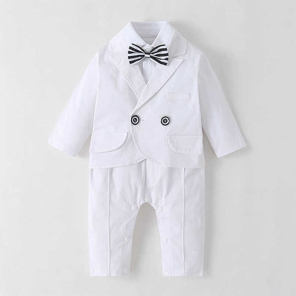 2 Stücke Baby Junge Gentleman Kleidung Weiß geboren Taufe Hochzeit Outfit Kleinkind Jungen Boutique Kleidung Säuglingsspielanzug + Mantel 210615