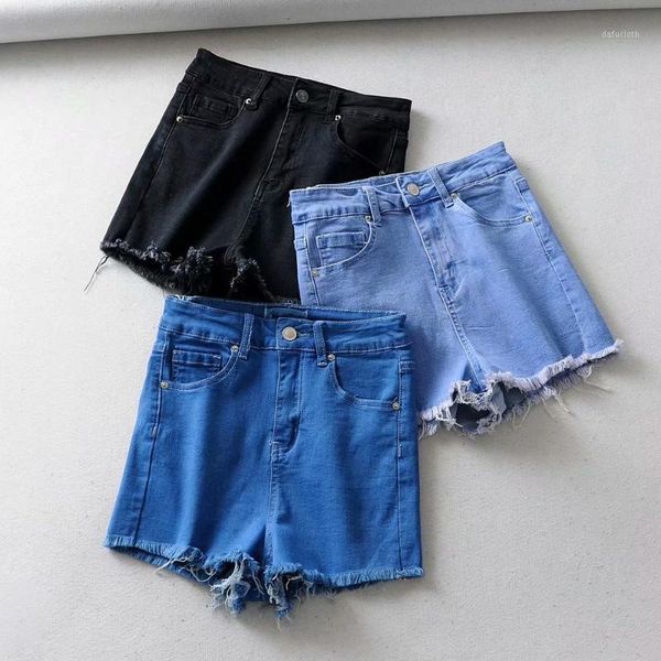 

european and american street style high-waisted thin frayed denim shorts all-match pants fashion 2021 women women's jeans, Blue