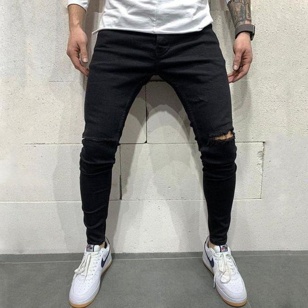 

men's jeans men fashion high street destroyed skinny male ripped solid stretch slim small feet pencil denim pants, Blue