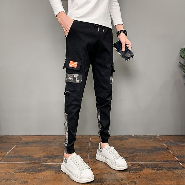 

2021 new thin korean male fit harem hip hop spring fashion camouflage sh side pockets streetwear casual pants 43ru, Black