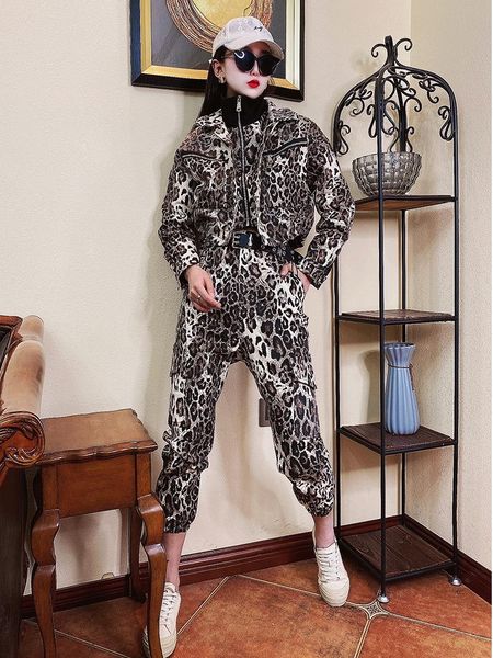 

women's two piece pants fashion workwear suit korean-style vintage printed leopard print jacket short coat overalls fried street set tw, White