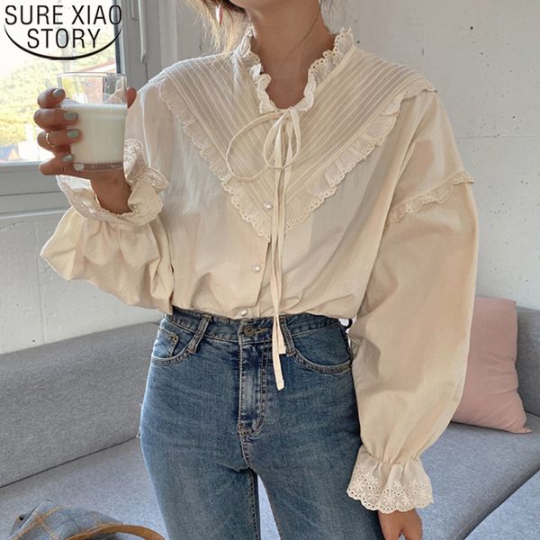 

vintage casual elegant new women hollow out women shirts solid long sleeve korean style bow loose blouses blusas 9580 210225, White