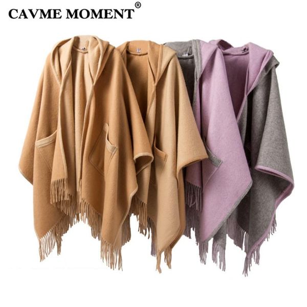 

scarves cavme hooded wool poncho with tassels for women ladies winter grade a 100% woolen scarf cape wraps shawl 135*155cm 670g, Blue;gray