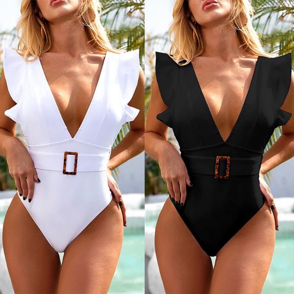 

one-piece suits 2021 women white bodysuit one piece ruffle swimsuit female belt swimwear deep v neck vintage bathing beach suit bathers