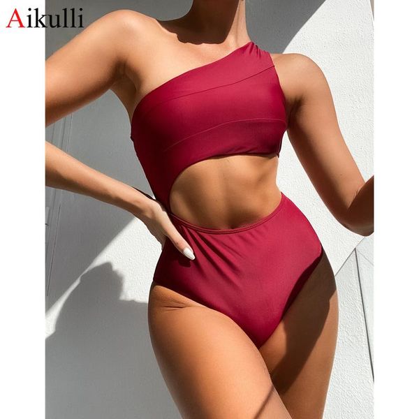 

one shoulder one-piece swimsuit women cut out swimwear new 2021 summer monokini beach wear high waist swimming bathing suit