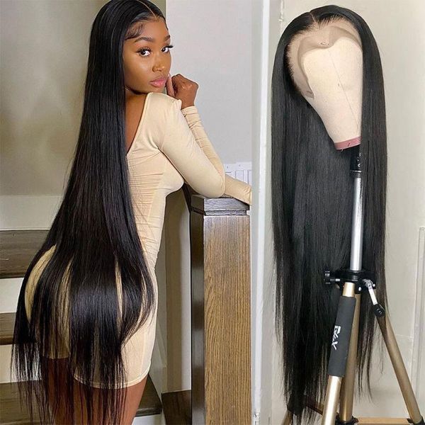 

lace wigs 30 40 inch 13x4 front human hair long straight glueless brazilian remy pre plucked hd frontal wig for women, Black;brown