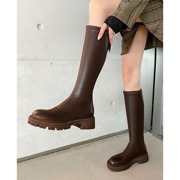 

boots basic tight high sapatos femininos round toe knee autumn winter chunky heels shoes woman leather party, Black