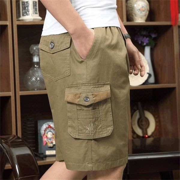 

men's short summer plus size cotton elastic waist work bermuda loose baggy breeches army green male cargo casual short male 210315, White;black
