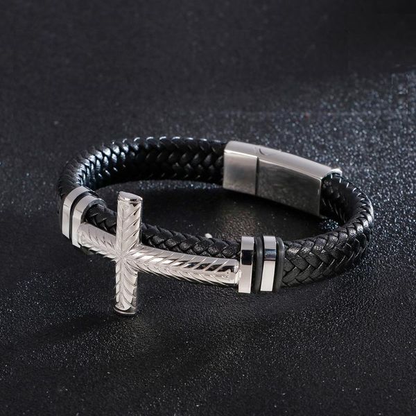 

charm bracelets haoyi classic cross leather bracelet 21.5cm luxury tri-color punk men's jewelry christmas gift, Golden;silver