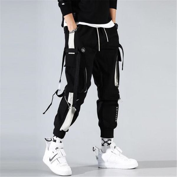 

hip hop streetwear men's splice joggers pants fashion men casual cargo pant trousers high street elastic waist harem pant men, Black