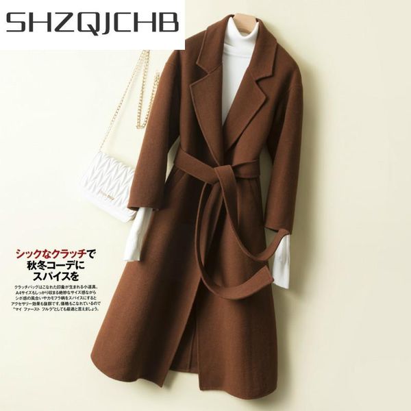 

women's wool & blends shzq winter cashmere coat + belt women long jackets 100% female both sided overcoat elegant clothes 2021 w1176, Black