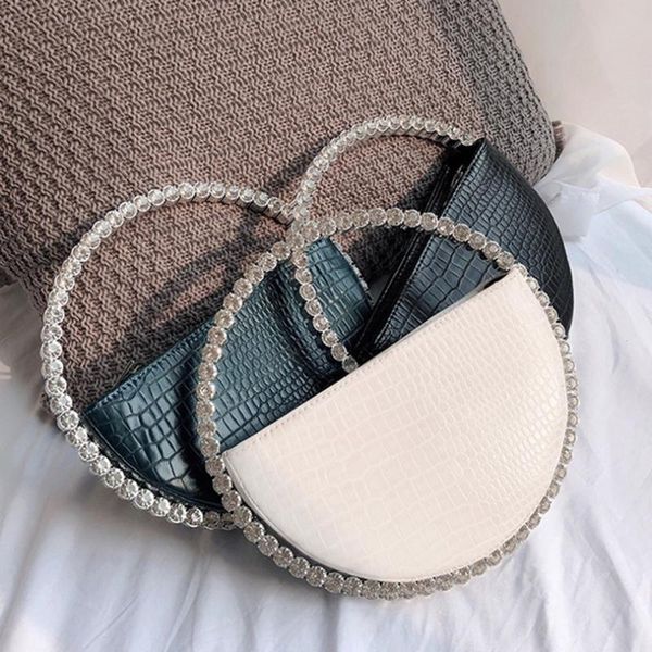 

rhinestone circular handle evening bag women 2021 elegant designer diamonds round red clutch purse ladies chic handbag party