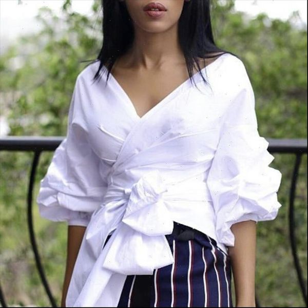 

white shirts blouses peplum puff sleeves with waist belt bowtie v neck large womens fashion female clothes new blusas