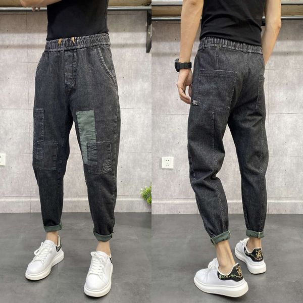 

ins same patch stitching jeans young men's loose legged harem pants autumn new fashion brand daddy pants, Blue