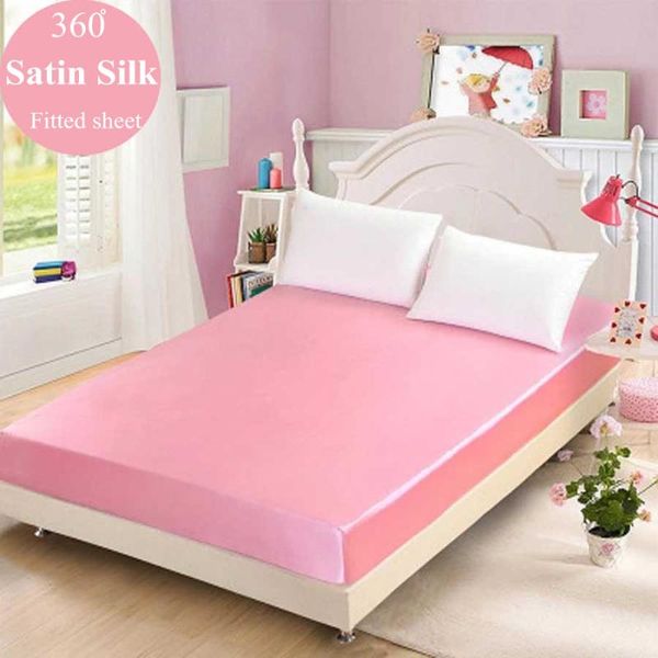 

sheets & sets wostar 100% satin silk solid elastic band fitted sheet mattress cover super soft cozy summer king size bed and cases