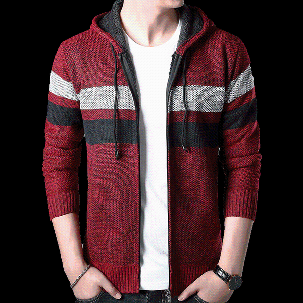 

mens jackets autumn winter men's striped fleece jackets casual thick warm sweatercoat streetwear gradient knitted jacket zipper hooded, Black;brown