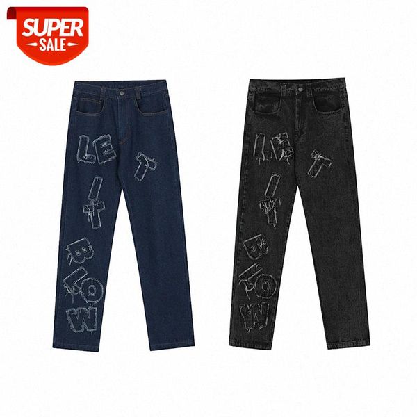 

lawfoo men's wash water fried color letter stitching jeans trousers #lx2d, Black