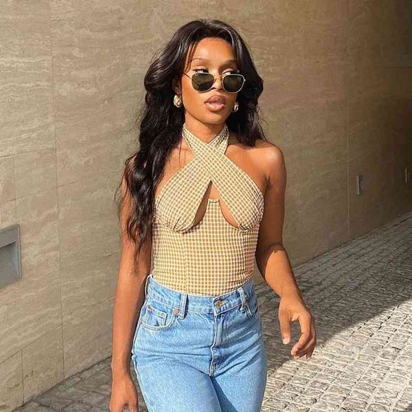 

europe and the united states spring cross bandage wrapped chest zipper plaid vest for women tank women 210602, White