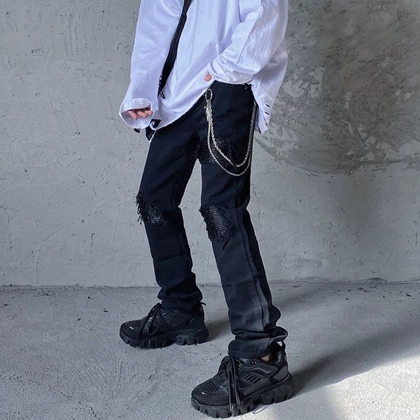 

new 2021 harajuku knee hole black washed jeans for men high street pockets straight loose casual pencil pants hip hop denim trousers pw47, Blue
