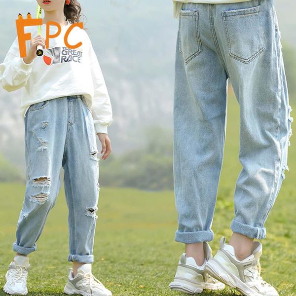 

jeans kids korean girls solid casual ripped loose slim elastic empire waist long denim pants for 4-15t girlsbrief, Blue