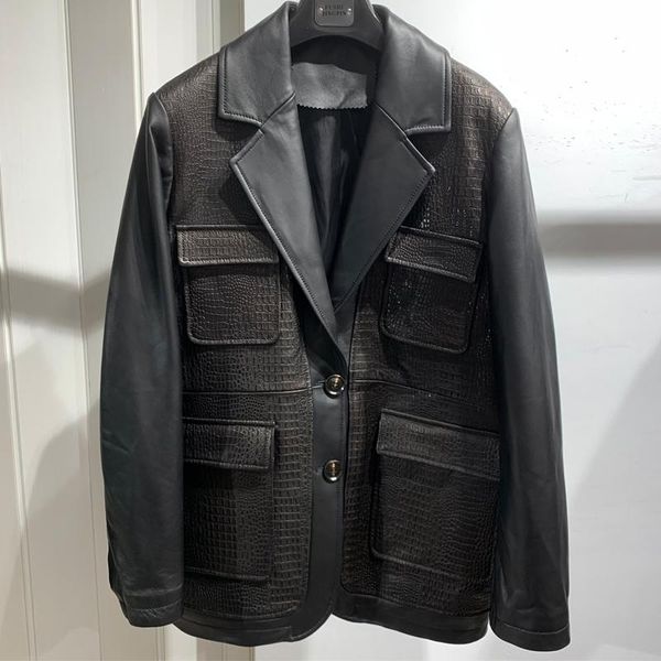 

women's leather & faux ladies real sheep blazer different spliced lambskin jacket, Black