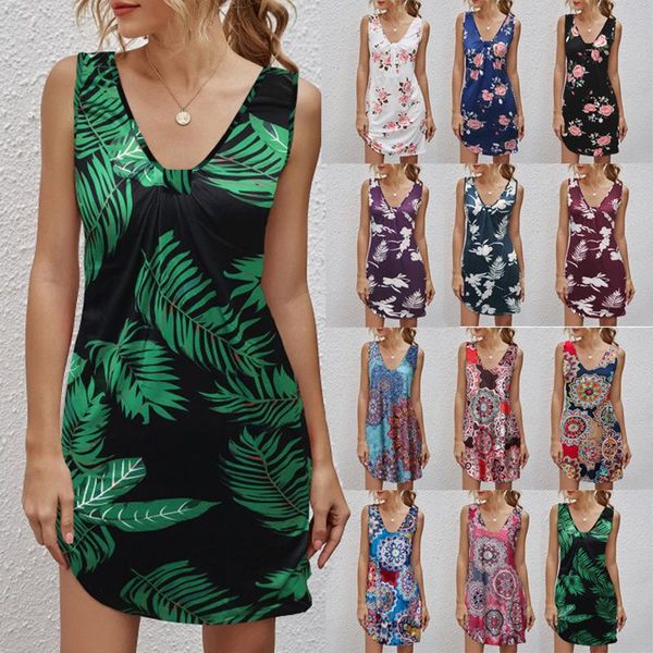 

casual dresses printing flowers summer dress women clothing sleeveless fashion pullovers female robes woman 2021 clothes, Black;gray