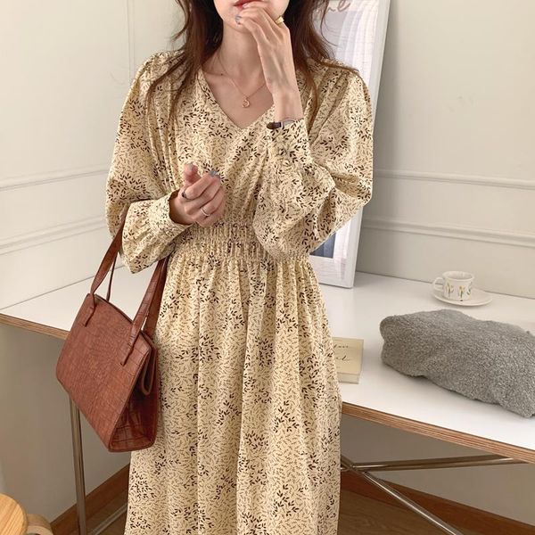 

casual dresses autumn vintage printed long midi dress women v-neck sleeve elegant chiffon high waist office lady party slim, Black;gray