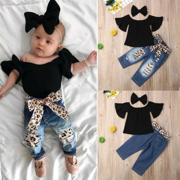 

uk toddler kids baby girl t-shirt denim pants headband leopard outfits clothes, White