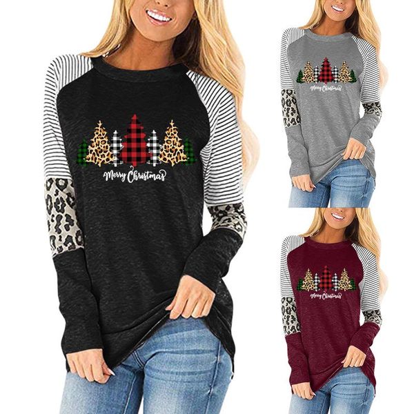 

women's blouses & shirts women christmas casual o-neck leopard splicing printing long sleeve shirt blouse femme tee fall 2021 cloth, White