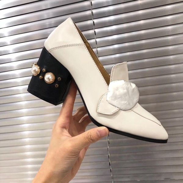 

classic high-heeled shoes designer leather rivet thick heel high heels 100% cowhide metal button women pearl dress shoes big size 35-42, Black