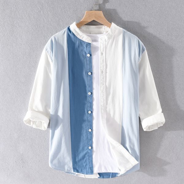 

2021 new style japanese trendy fashion brand summer stand collar patchwork shirts for men casual shirt mens chemise camisa dvp6, White;black