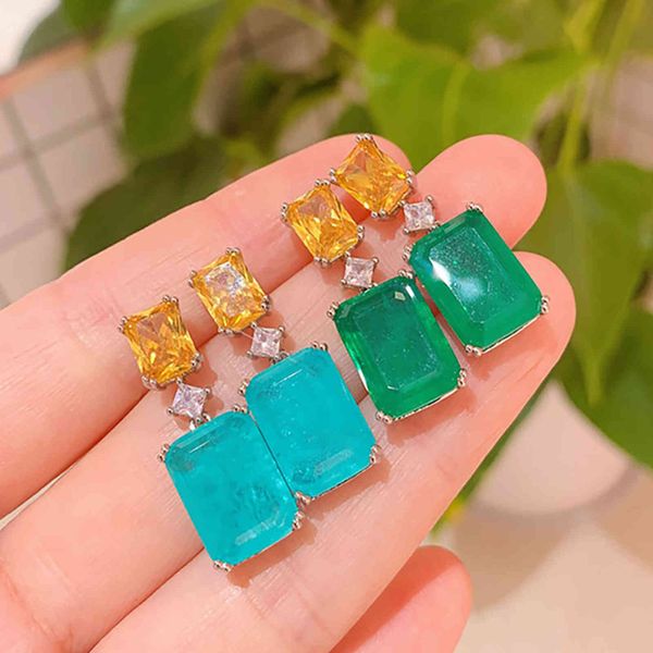 2021 Trend Trend 925 Стерлинговое серебро 10 * 14 Paraiba Tourmaline Изумрудные драгоценные камни Большие падения Серьги для женщин Коктейль изысканные драгоценные изделия Giift