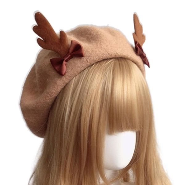 

beanies x5xe kawaii christmas lolita antler beret wool painter hat sweet breathable for girl lady female