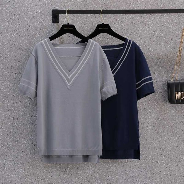 

4xl plus size women summer basic kintting casual sweater pullover loose short sleeve v neck stripe female jumper 210604, White;black