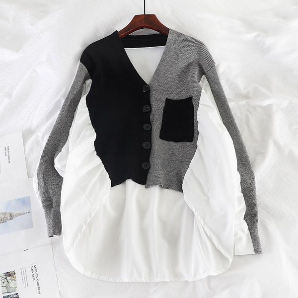 

women's blouses & shirts deat 2021 spring summer fashion casual stitching knitting irregular loose shirt temperament versatile women sk, White