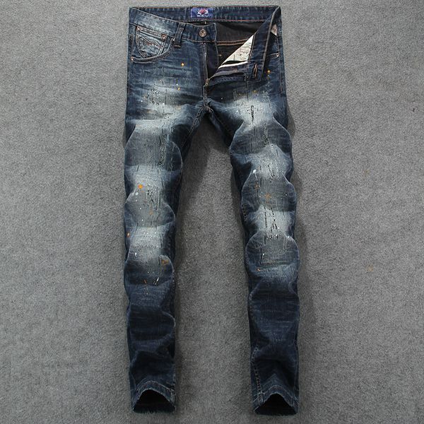 

2021 new italian fashion slim paint designer men elastic denim pants streetwear hip hop homme 3rn1, Blue