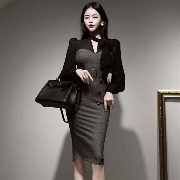 

winter temperament of han edition cultivate one's morality in the long double-breasted joining together with package buttock 210602, Black;gray