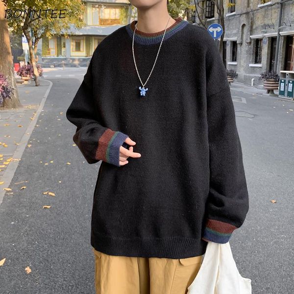 

men pullovers knitted sweater patchwork loose casual autumn winter o-neck korean style ulzzang fashion leisure streetwear, White;black
