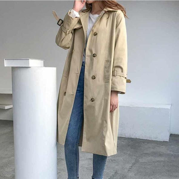 

women's trench coats autumn 2021 fashion casual long coat women loose button epaulet splice pockets female outwear vintage korean windb, Tan;black