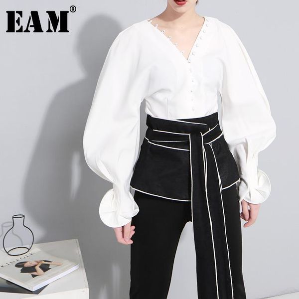 

women's blouses & shirts [eam] women white lantern sleeve ruffles blouse v-colllar loose fit shirt fashion tide spring autumn 2021 ji00