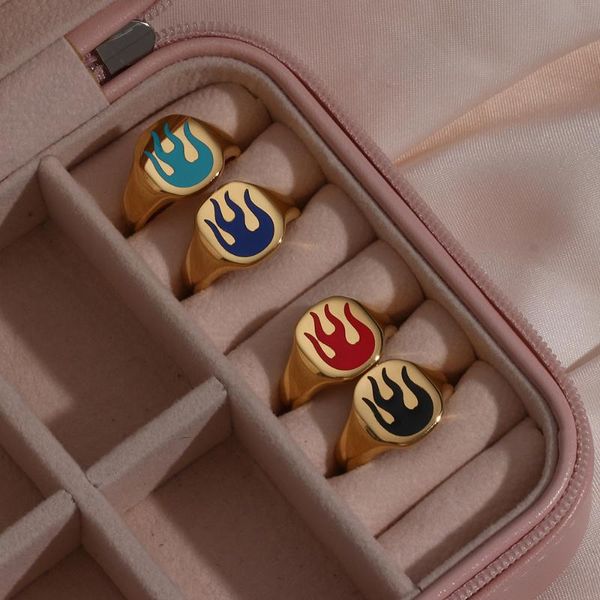 

cluster rings 2021 blue red black enamel fire design for women stainless steel pvd plating tarnish jewelry gold ring, Golden;silver