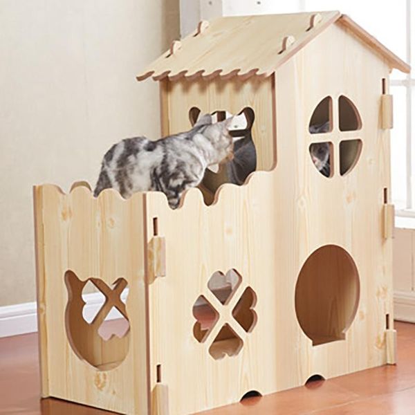 

cat beds & furniture wooden litter house simulation wood grain plate toy villa nest