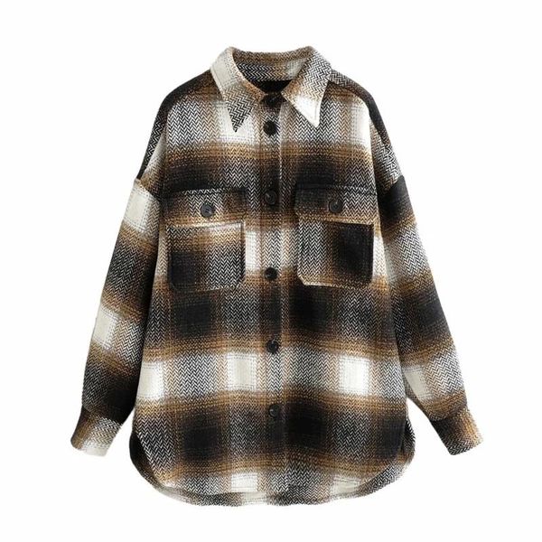 

women's jackets vintage chic pockets oversized plaid women fashion dark brown check female casual streetwear, Black;brown