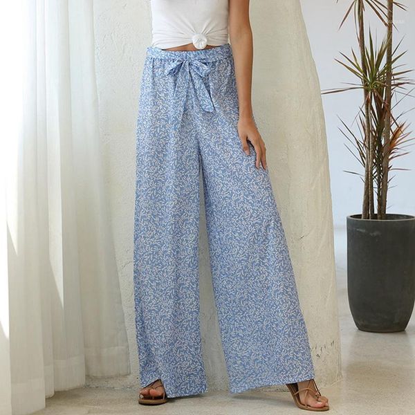 

women's pants & capris vintage women floral print wide leg bohemian ladies sashes loose rayon boho long  size blue, Black;white