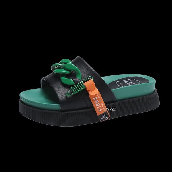 

slippers platform women comfortable gold chain lady flip flops outdoor beach slides sandals high heels thick sole solid, Black