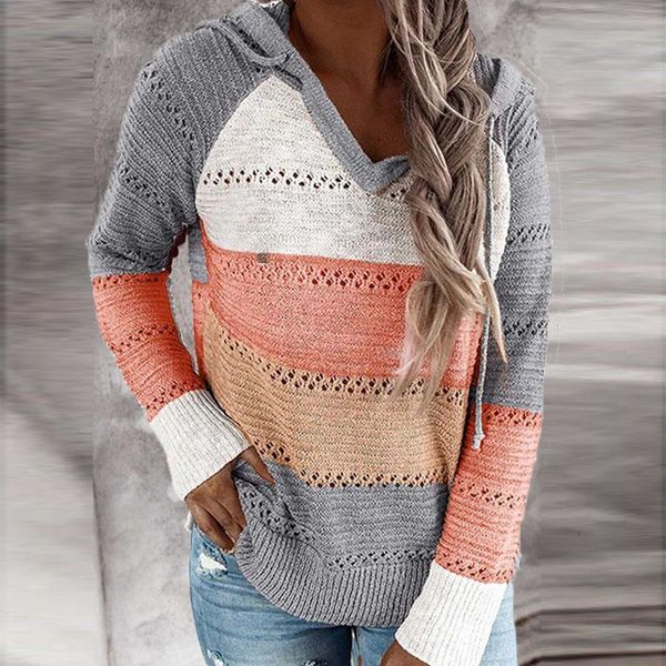 

women knitted hoodies autumn striped hooded sweatshirt casual patchwork v-neck long sleeve plus size female hoody pullover, Black